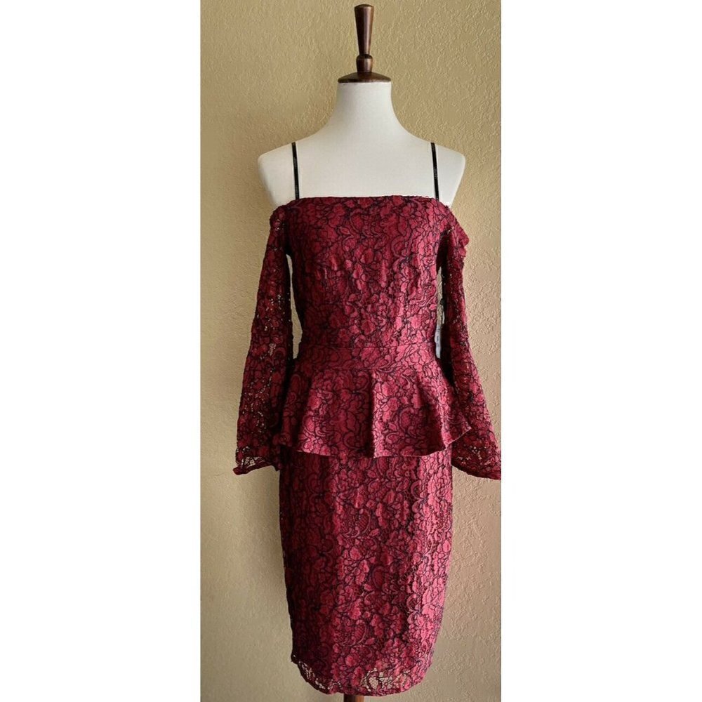 Laundry by Shelli Segal Women Red Peplum Lace Off-the-shoulder Cocktail Dress 6 - Picture 6 of 10